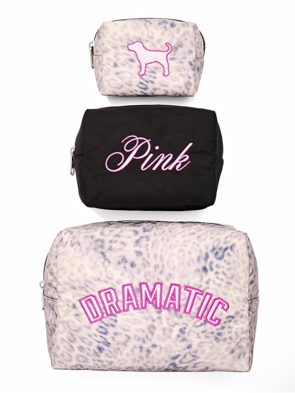 PINK Victoria's Secret Leopard Print & Black 3-Piece Cosmetic Pouch Set